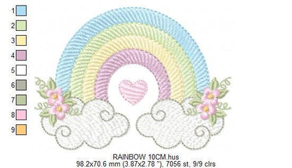 Rainbow with flowers embroidery design - Colorful Rainbow with heart machine embroidery pattern - Instant digital download pes jef dst hus