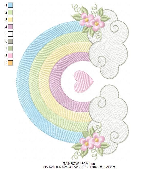 Rainbow with flowers embroidery design - Colorful Rainbow with heart machine embroidery pattern - Instant digital download pes jef dst hus