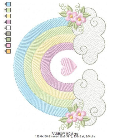 Rainbow with flowers embroidery design - Colorful Rainbow with heart machine embroidery pattern - Instant digital download pes jef dst hus