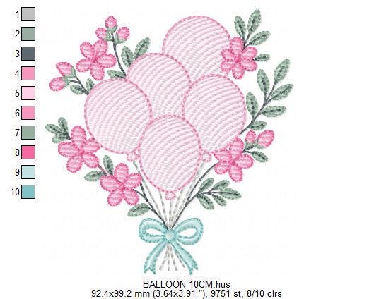 Balloon embroidery design - Pink Balloon bouquet with flowers machine embroidery pattern - Happy Birthday file - Instant download pes jef