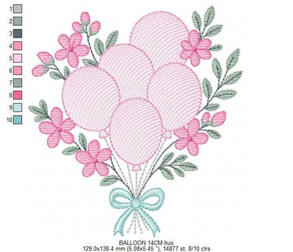 Balloon embroidery design - Pink Balloon bouquet with flowers machine embroidery pattern - Happy Birthday file - Instant download pes jef