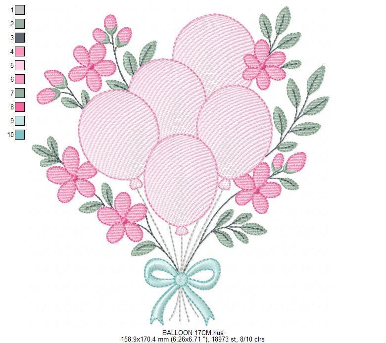 Balloon embroidery design - Pink Balloon bouquet with flowers machine embroidery pattern - Happy Birthday file - Instant download pes jef