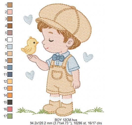Vintage Baby boy embroidery design - Boy with cap and bird machine embroidery pattern - Children toddler kid - Instant digital download pes