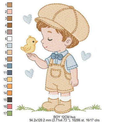 Vintage Baby boy embroidery design - Boy with cap and bird machine embroidery pattern - Children toddler kid - Instant digital download pes