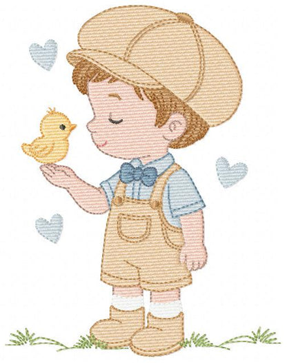Vintage Baby boy embroidery design - Boy with cap and bird machine embroidery pattern - Children toddler kid - Instant digital download pes