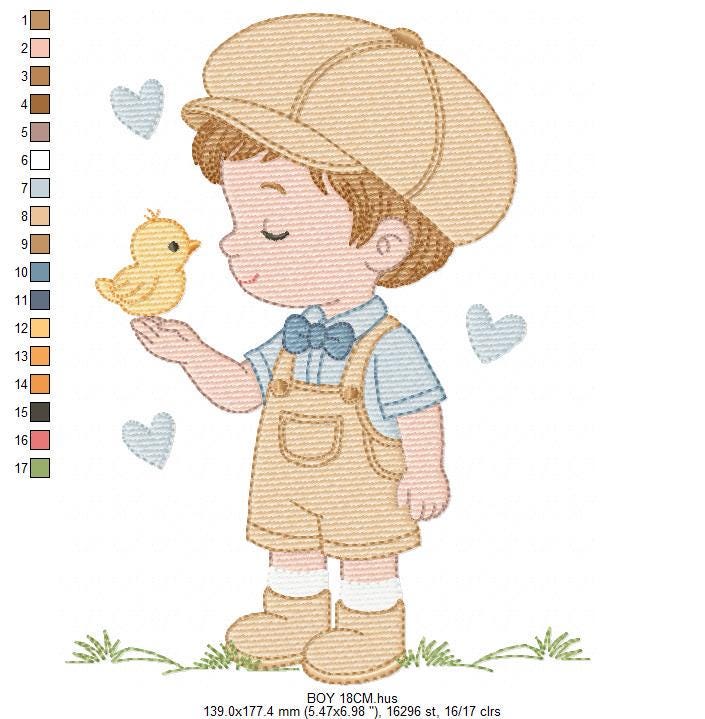 Vintage Baby boy embroidery design - Boy with cap and bird machine embroidery pattern - Children toddler kid - Instant digital download pes