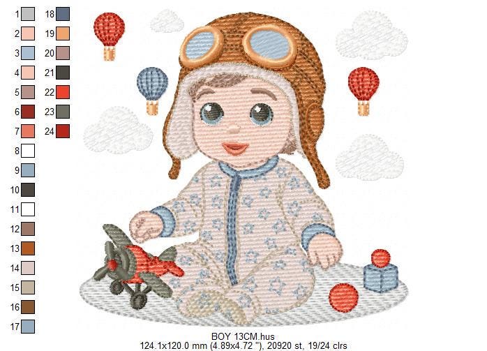 Baby Boy Pilot embroidery designs - Kid Toy Plane machine embroidery pattern - Aviator Toddler with goggles - Instant digital download pes
