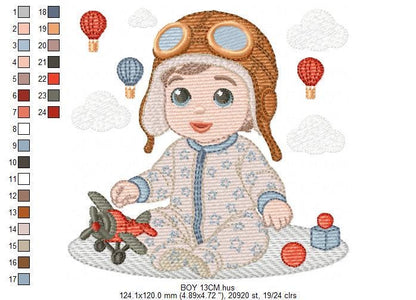 Baby Boy Pilot embroidery designs - Kid Toy Plane machine embroidery pattern - Aviator Toddler with goggles - Instant digital download pes