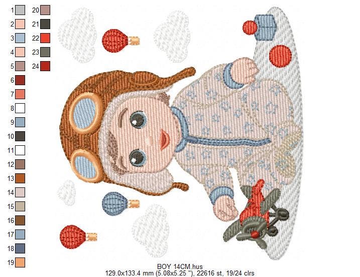 Baby Boy Pilot embroidery designs - Kid Toy Plane machine embroidery pattern - Aviator Toddler with goggles - Instant digital download pes