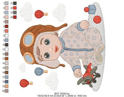 Baby Boy Pilot embroidery designs - Kid Toy Plane machine embroidery pattern - Aviator Toddler with goggles - Instant digital download pes