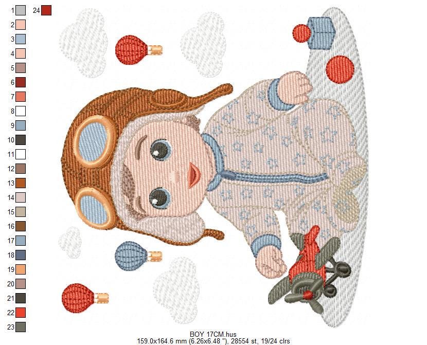 Baby Boy Pilot embroidery designs - Kid Toy Plane machine embroidery pattern - Aviator Toddler with goggles - Instant digital download pes