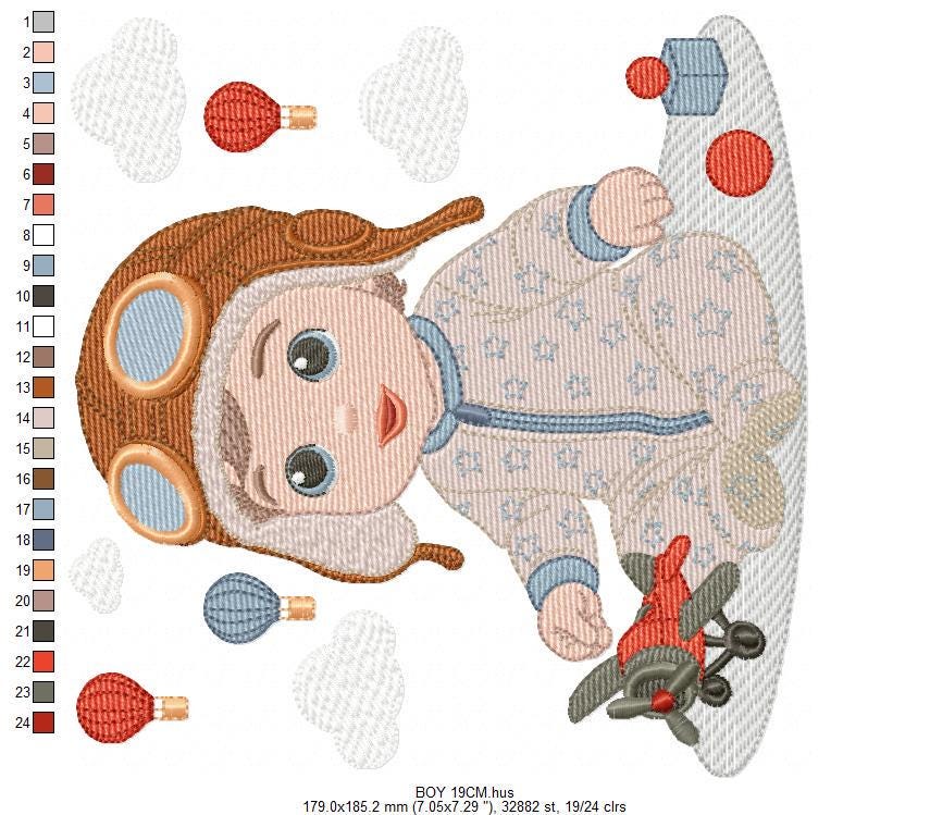 Baby Boy Pilot embroidery designs - Kid Toy Plane machine embroidery pattern - Aviator Toddler with goggles - Instant digital download pes