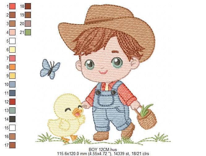 Baby Boy Farmer embroidery design - Boy with straw hat machine embroidery pattern - Wrangler Ranch Horse Farm file - Instant download pes