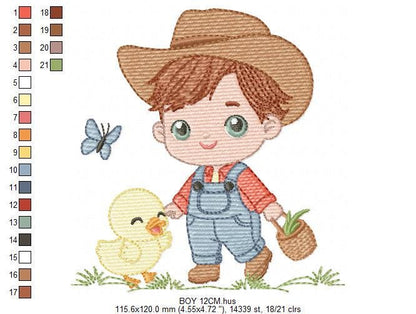 Baby Boy Farmer embroidery design - Boy with straw hat machine embroidery pattern - Wrangler Ranch Horse Farm file - Instant download pes