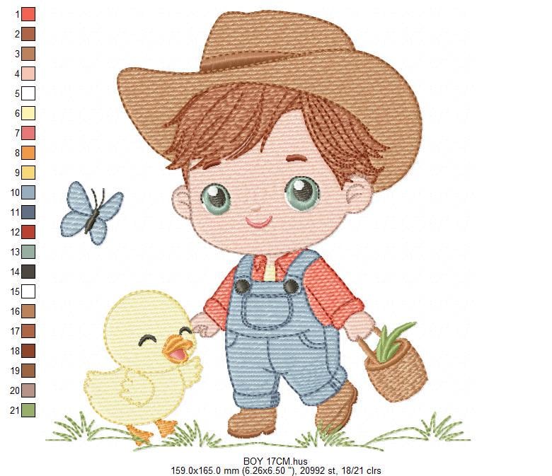 Baby Boy Farmer embroidery design - Boy with straw hat machine embroidery pattern - Wrangler Ranch Horse Farm file - Instant download pes