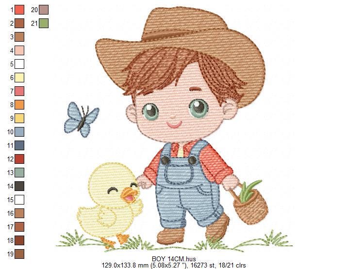 Baby Boy Farmer embroidery design - Boy with straw hat machine embroidery pattern - Wrangler Ranch Horse Farm file - Instant download pes