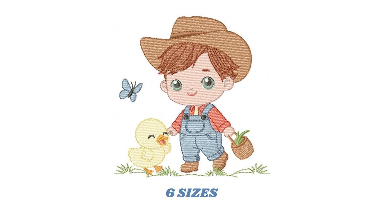 Baby Boy Farmer embroidery design - Boy with straw hat machine embroidery pattern - Wrangler Ranch Horse Farm file - Instant download pes