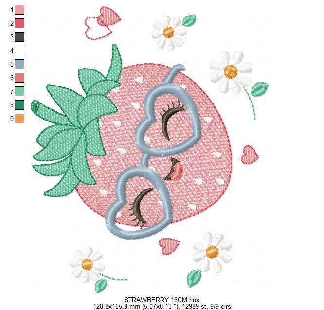 Strawberry with glasses embroidery designs - Fruit machine embroidery pattern - Kitchen Towel file - Instant digital download pes jef dst