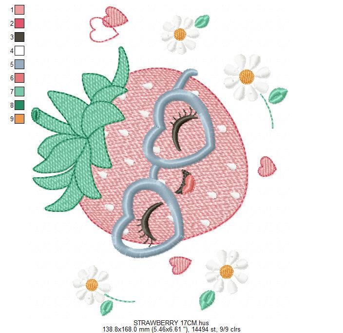 Strawberry with glasses embroidery designs - Fruit machine embroidery pattern - Kitchen Towel file - Instant digital download pes jef dst