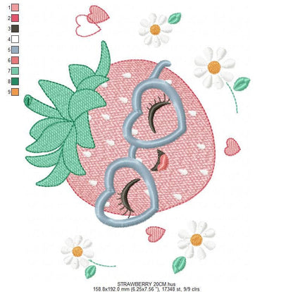 Strawberry with glasses embroidery designs - Fruit machine embroidery pattern - Kitchen Towel file - Instant digital download pes jef dst