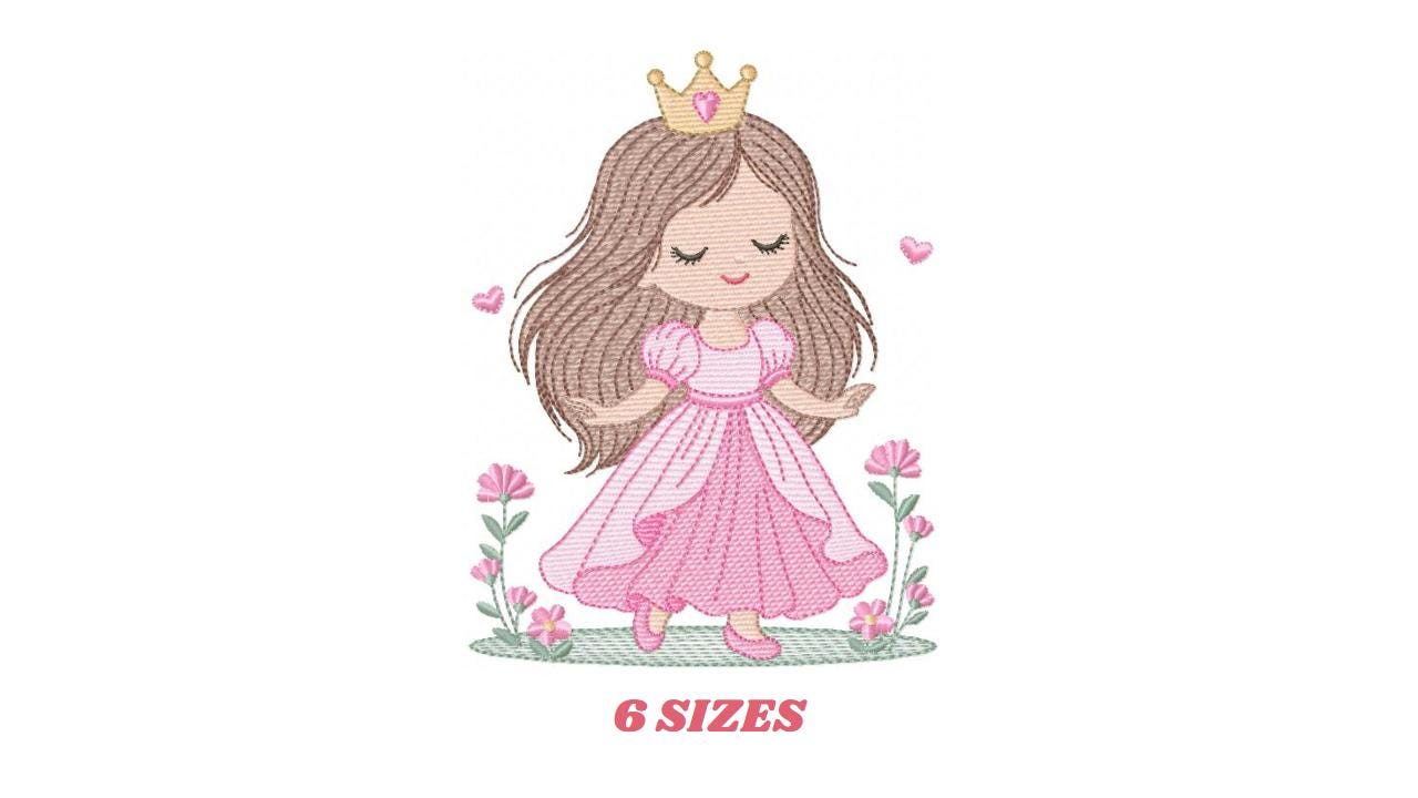 Princess embroidery designs - Girl with long hair and flowers machine embroidery pattern - Girl with crown and hearts - Instant download pes