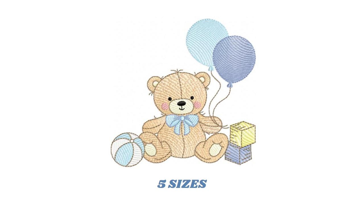 Party Bear with toys embroidery designs - Baby Boy Bear with balloons machine embroidery pattern - Instant digital download pes jef dst hus