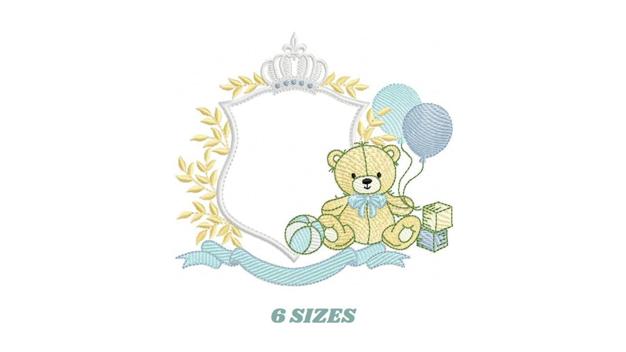 Bear with toys embroidery designs - Baby boy Bear with monogram frame machine embroidery pattern - Instant digital download pes jef dst hus
