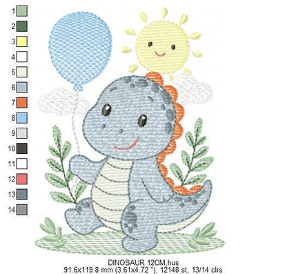 Dinosaur embroidery designs - Dino with balloon machine embroidery pattern - Baby Boy Tyrannosaurus file T rex - Instant download pes jef