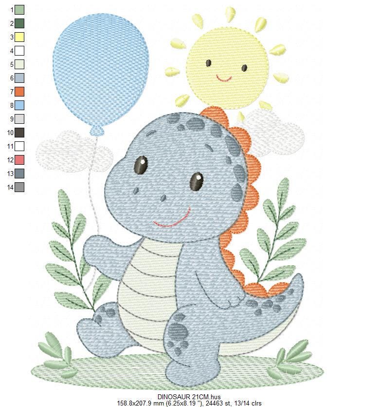 Dinosaur embroidery designs - Dino with balloon machine embroidery pattern - Baby Boy Tyrannosaurus file T rex - Instant download pes jef