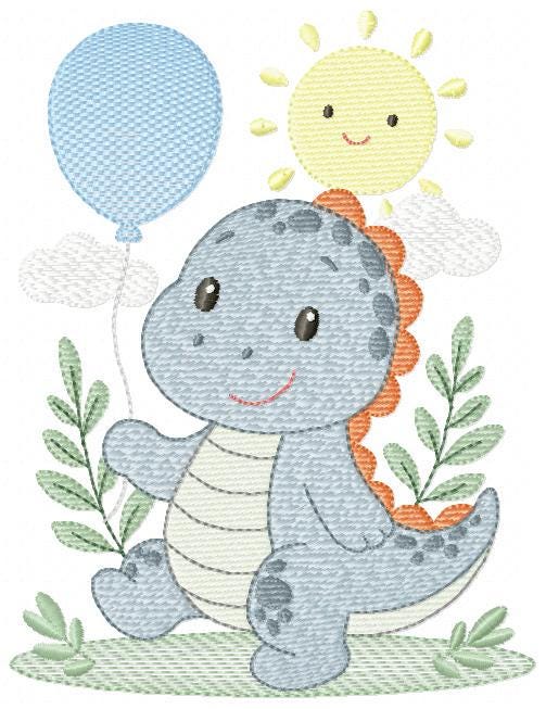 Dinosaur embroidery designs - Dino with balloon machine embroidery pattern - Baby Boy Tyrannosaurus file T rex - Instant download pes jef