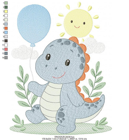 Dinosaur embroidery designs - Dino with balloon machine embroidery pattern - Baby Boy Tyrannosaurus file T rex - Instant download pes jef