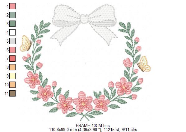 Flower Frame embroidery designs - Floral Wreath with lace and butterflies machine embroidery pattern - Kitchen Tea Towel - Instant download