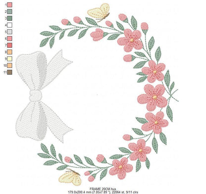 Flower Frame embroidery designs - Floral Wreath with lace and butterflies machine embroidery pattern - Kitchen Tea Towel - Instant download