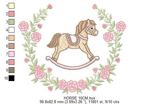 Toy Horse embroidery design - Baby boy rocking horse laurel frame machine embroidery pattern - Instant digital download pes jef hus dst vp3
