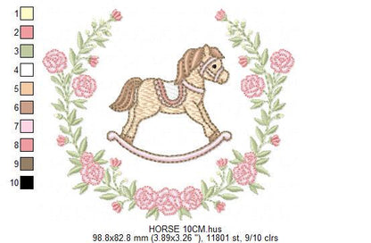 Toy Horse embroidery design - Baby boy rocking horse laurel frame machine embroidery pattern - Instant digital download pes jef hus dst vp3