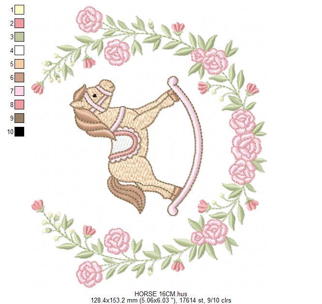 Toy Horse embroidery design - Baby boy rocking horse laurel frame machine embroidery pattern - Instant digital download pes jef hus dst vp3