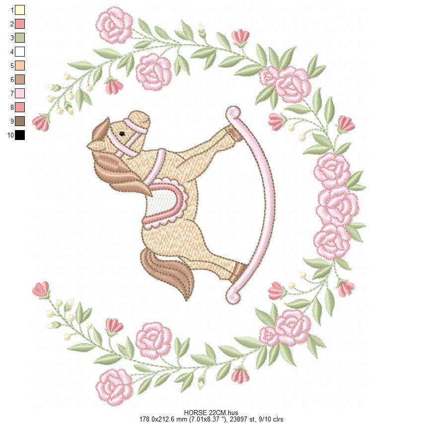 Toy Horse embroidery design - Baby boy rocking horse laurel frame machine embroidery pattern - Instant digital download pes jef hus dst vp3