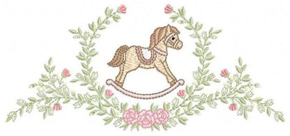 Toy Horse embroidery design - Baby boy rocking horse laurel frame machine embroidery pattern - Instant digital download pes jef hus dst vp3