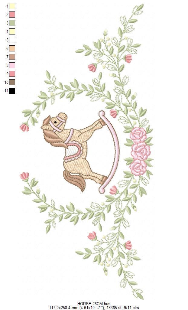 Toy Horse embroidery design - Baby boy rocking horse laurel frame machine embroidery pattern - Instant digital download pes jef hus dst vp3