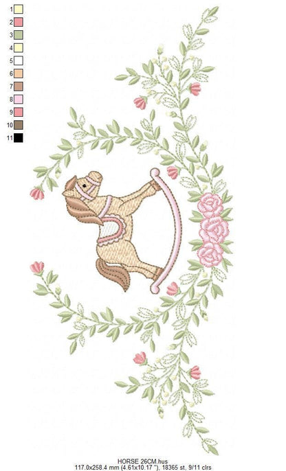 Toy Horse embroidery design - Baby boy rocking horse laurel frame machine embroidery pattern - Instant digital download pes jef hus dst vp3