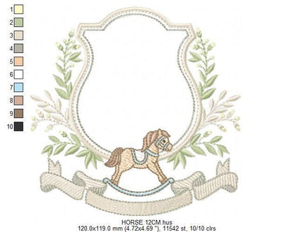 Toy Horse embroidery design - Baby boy rocking horse laurel frame machine embroidery pattern - Instant digital download pes jef hus dst vp3