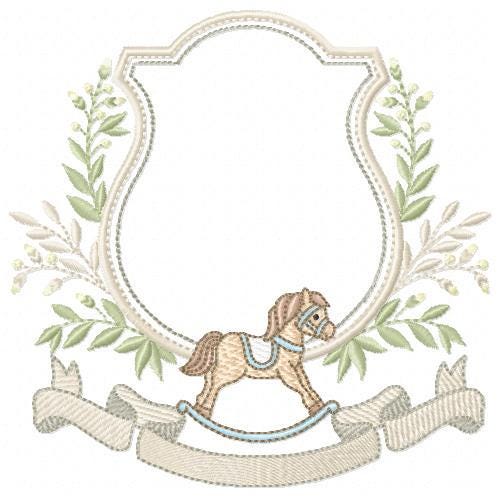Toy Horse embroidery design - Baby boy rocking horse laurel frame machine embroidery pattern - Instant digital download pes jef hus dst vp3