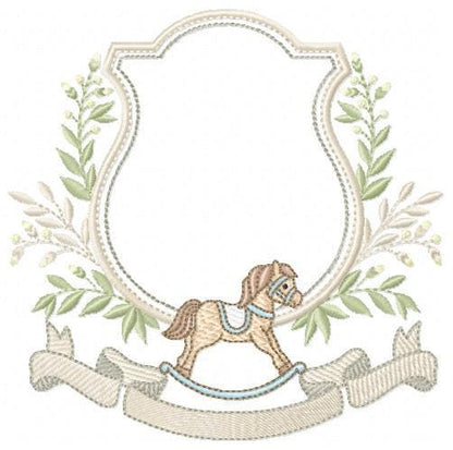 Toy Horse embroidery design - Baby boy rocking horse laurel frame machine embroidery pattern - Instant digital download pes jef hus dst vp3