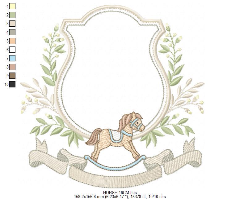 Toy Horse embroidery design - Baby boy rocking horse laurel frame machine embroidery pattern - Instant digital download pes jef hus dst vp3
