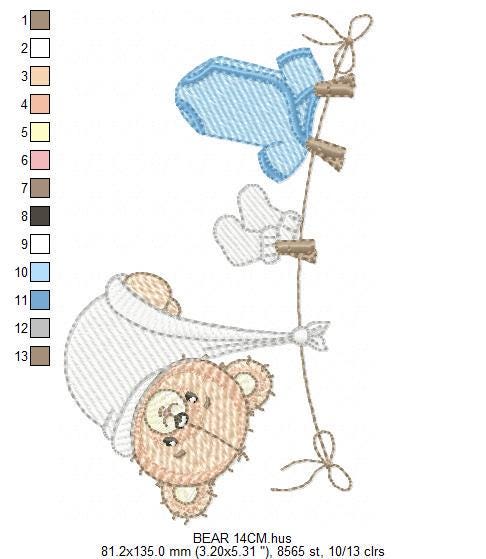 Baby Boy Bear embroidery designs - Baby Bear with clothes line machine embroidery pattern - Gender Reveal party Deco - Instant download pes
