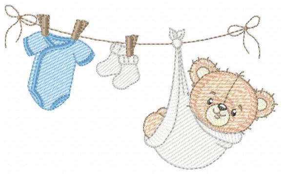 Baby Boy Bear embroidery designs - Baby Bear with clothes line machine embroidery pattern - Gender Reveal party Deco - Instant download pes