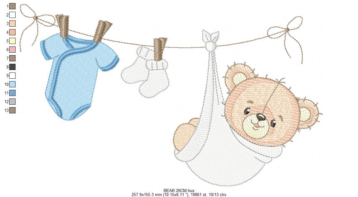 Baby Boy Bear embroidery designs - Baby Bear with clothes line machine embroidery pattern - Gender Reveal party Deco - Instant download pes
