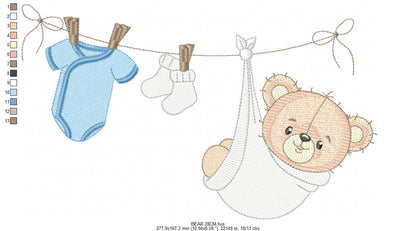 Baby Boy Bear embroidery designs - Baby Bear with clothes line machine embroidery pattern - Gender Reveal party Deco - Instant download pes
