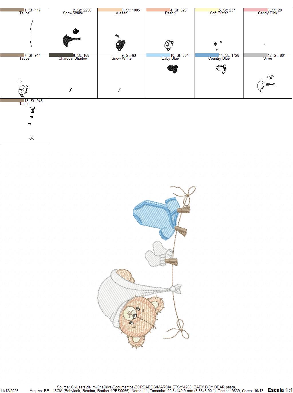 Baby Boy Bear embroidery designs - Baby Bear with clothes line machine embroidery pattern - Gender Reveal party Deco - Instant download pes