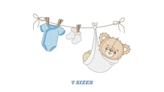 Baby Boy Bear embroidery designs - Baby Bear with clothes line machine embroidery pattern - Gender Reveal party Deco - Instant download pes